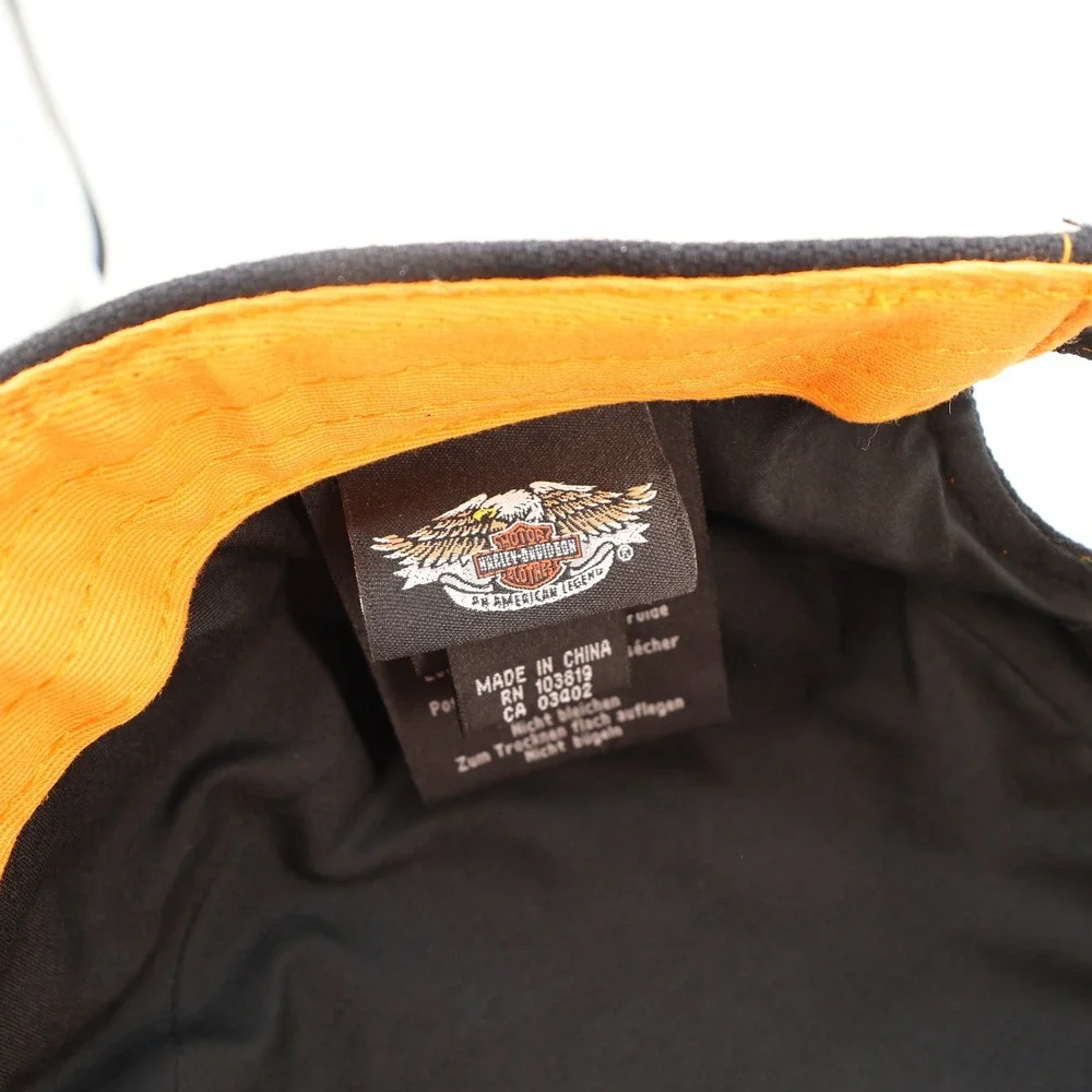 Harley Davidson Mens Black Canvas Military Cadet Hat Orange Contrast Stitching